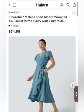 HALARA Teal V-Neck Wrap Ruffle Midi Dress